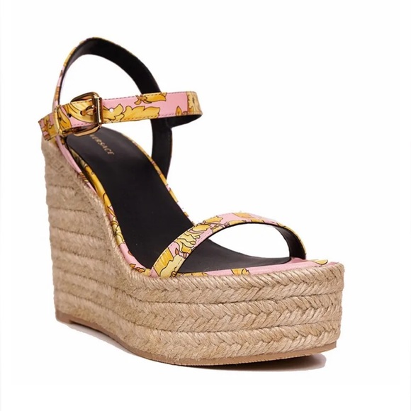 VERSACE - Pink Floral Print Espadrille Wedge Heel Sandal - Picture 1 of 7
